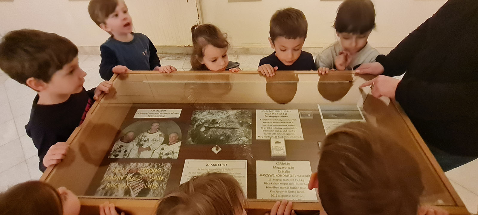 Föld napja: gyerekek űrhajósokról készült képeket néznek, melyek vitrinben vannak